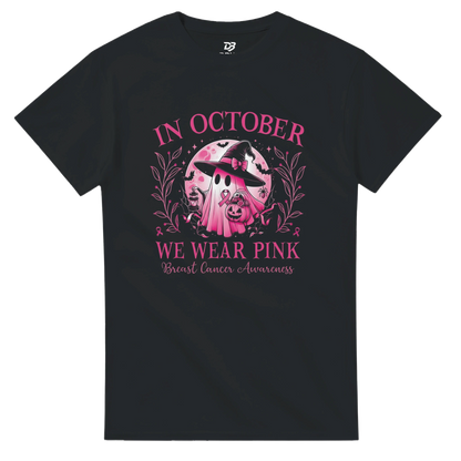 Black crewneck unisex T-shirt with pink awareness graphic and floral wreath front