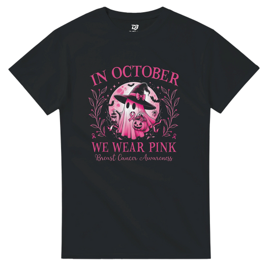 Black crewneck unisex T-shirt with pink awareness graphic and floral wreath front