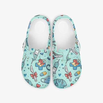 Pair of light blue doodle medical clogs showing both inner openings