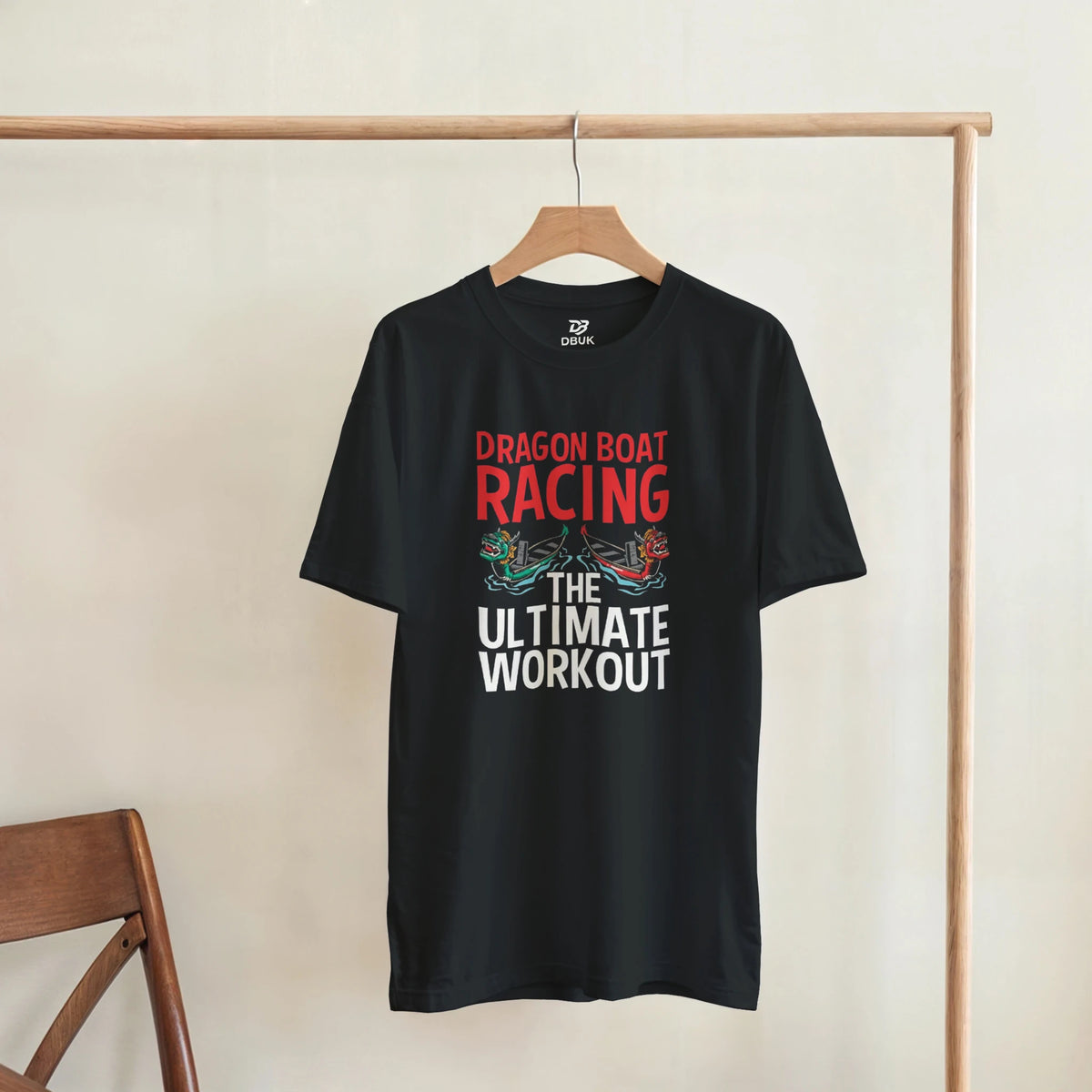 Unisex black workout T-shirt with dragon boat racing graphic, short sleeves