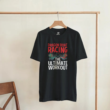 Unisex black workout T-shirt with dragon boat racing graphic, short sleeves