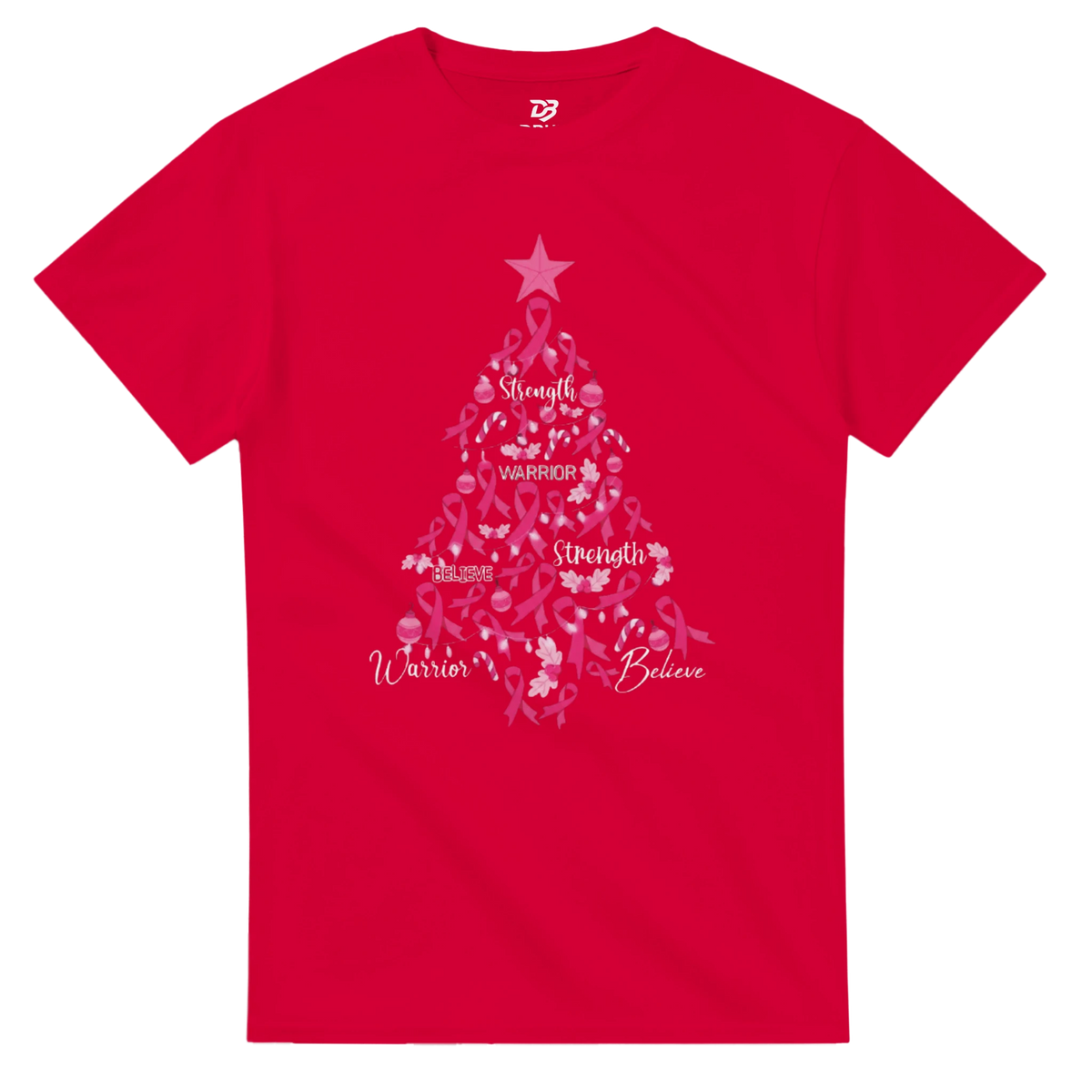Red Christmas T-shirt with pink ribbon warrior tree graphic and crew neck