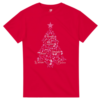Red Christmas T-shirt with pink ribbon warrior tree graphic and crew neck