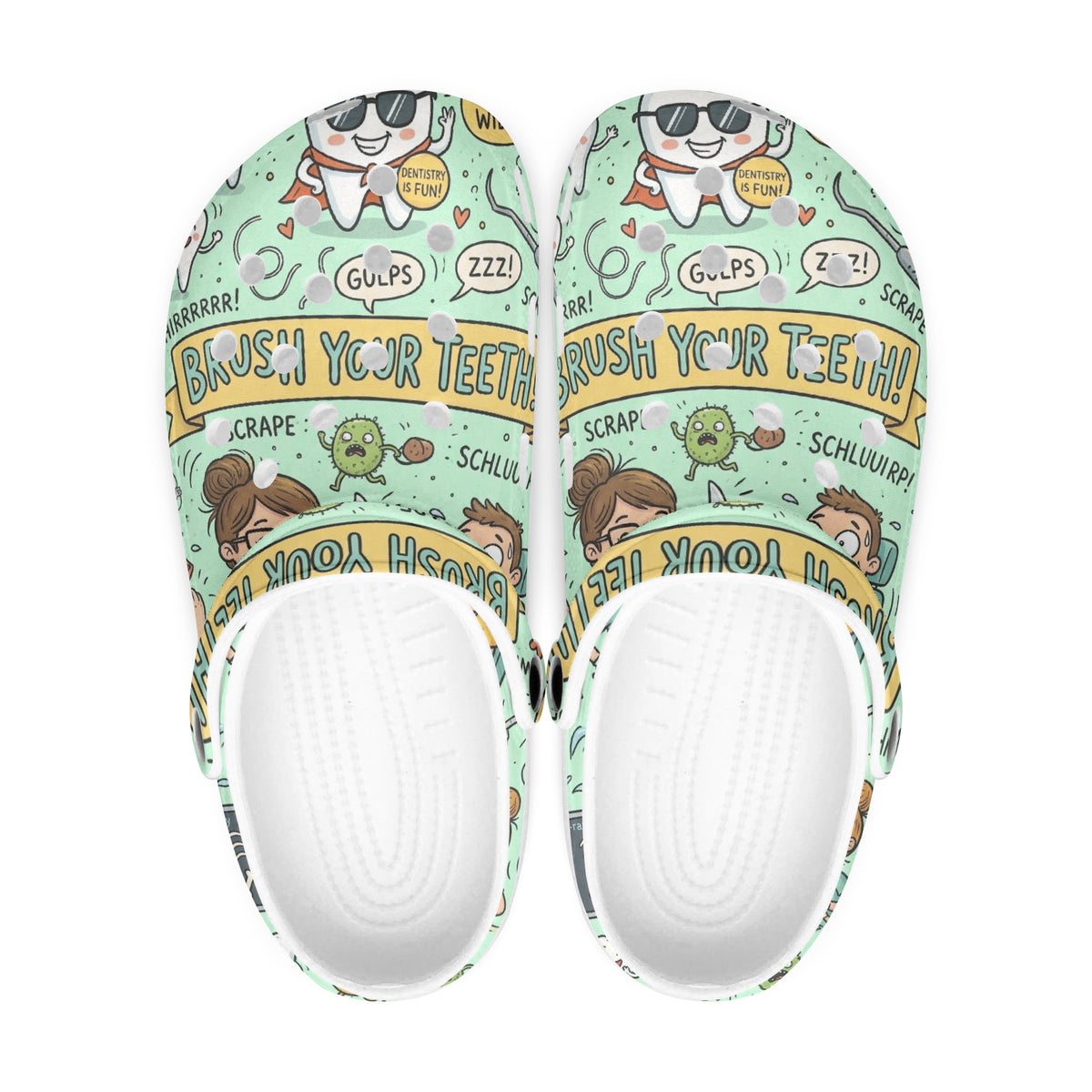 Top view of mint green printed dental clogs with white toe and vent holes
