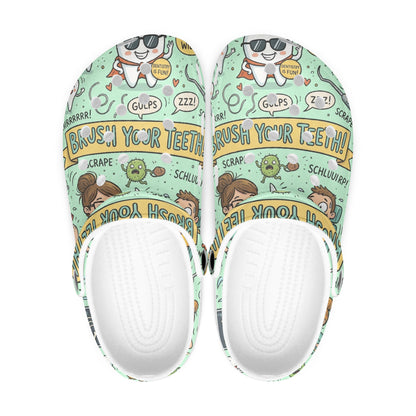 Top view of mint green printed dental clogs with white toe and vent holes