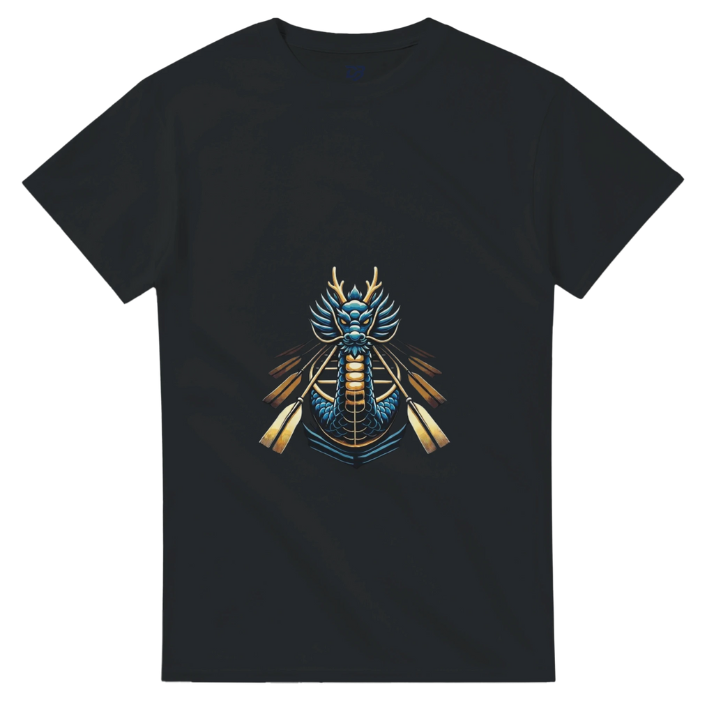 Black unisex T-shirt with dragon boat themed graphic on the chest