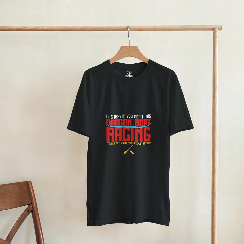 Black unisex t-shirt hanging display with front dragon boat racing text graphic