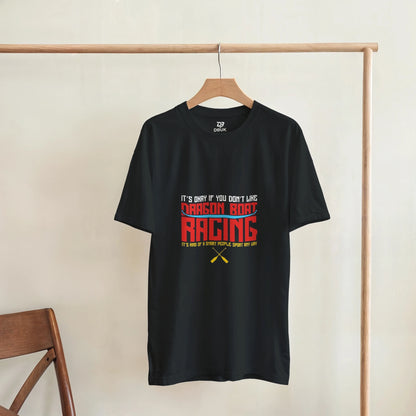 Black unisex t-shirt hanging display with front dragon boat racing text graphic