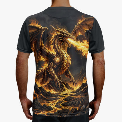 Black crew-neck jersey with detailed gold-and-orange dragon graphic, back