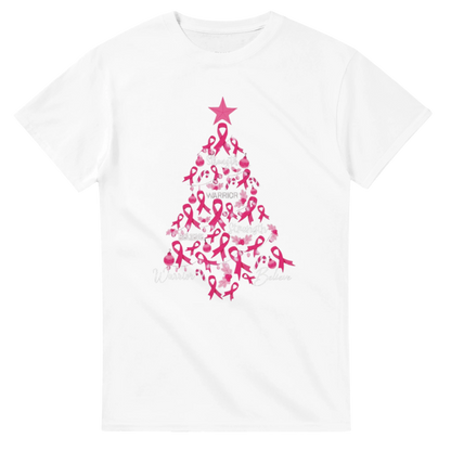 White crew-neck T-shirt with pink ribbon Christmas tree graphic on the front