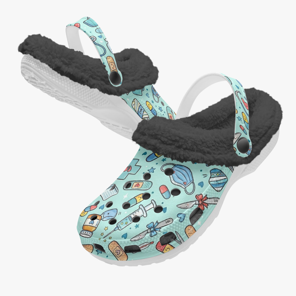 Teal medical-themed slide sandal with black plush fur lining and thick white sole