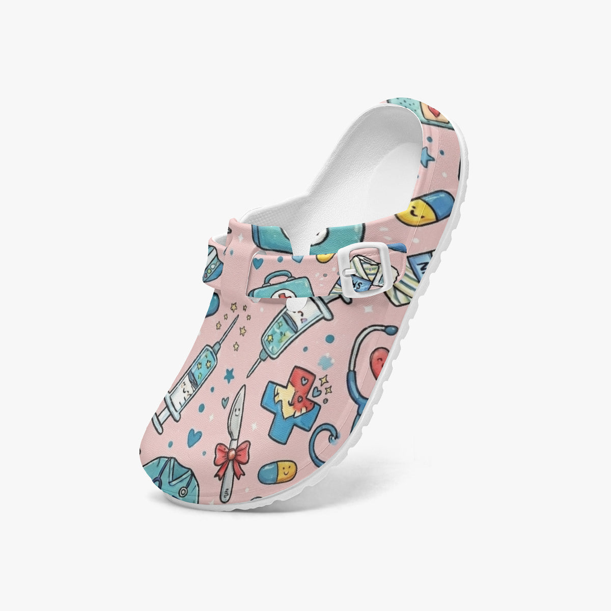 Pink medical doodle clog showing open heel and colorful cartoon print lining
