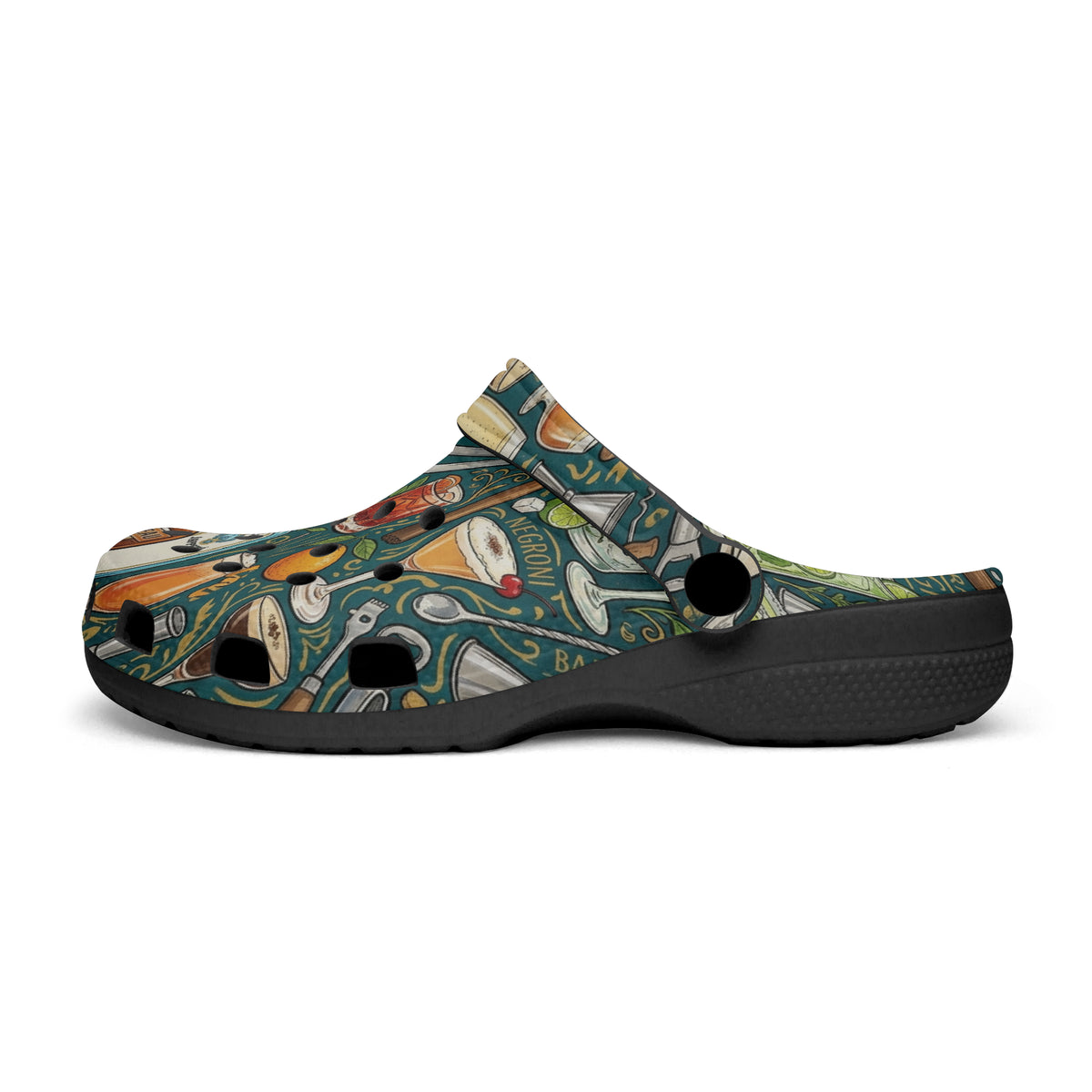 Patterned slip-on clogs with black outsole and open heel for easy slip-on wear