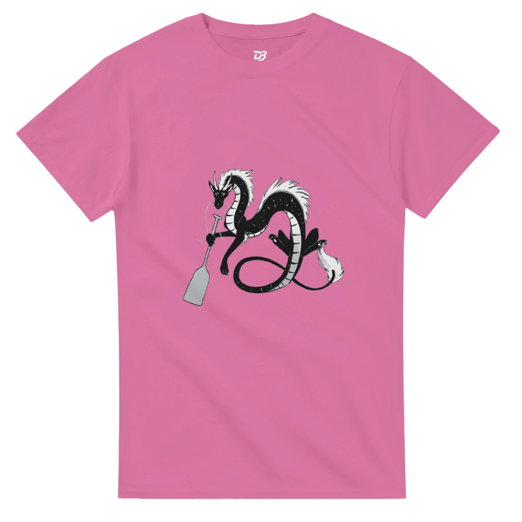 Rose pink unisex crewneck graphic T-shirt with dragon holding a paddle and ring