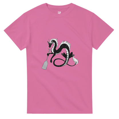 Rose pink unisex crewneck graphic T-shirt with dragon holding a paddle and ring