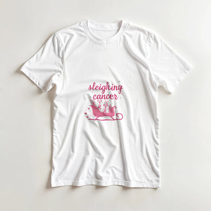 White crewneck cancer support T-shirt with pink “sleighing cancer” sleigh graphic