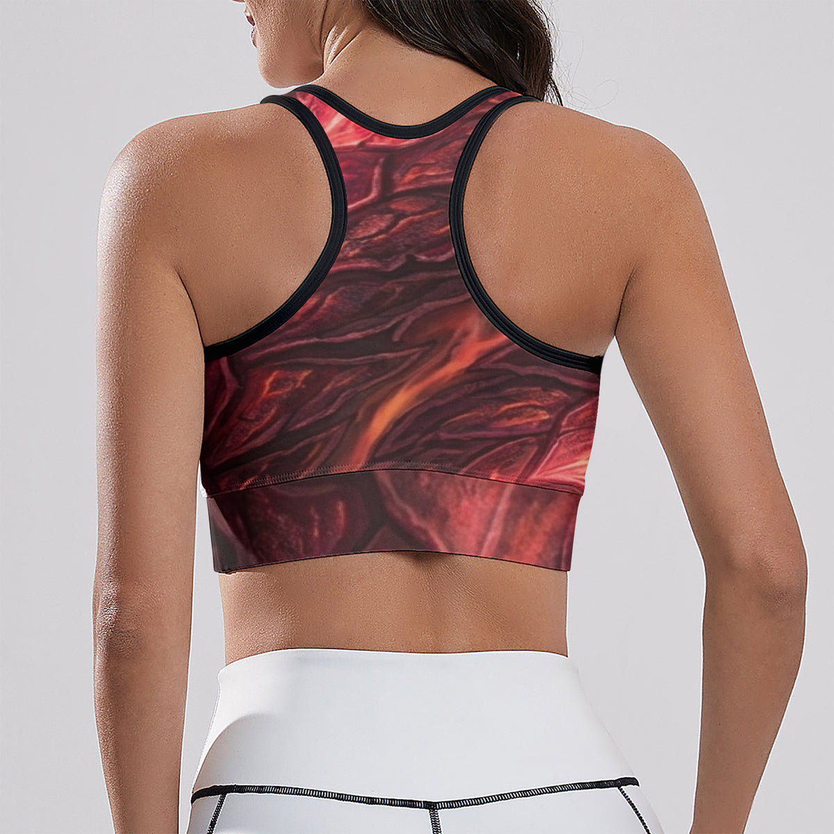 Cropped yoga tank top back with racerback straps, red abstract all-over print