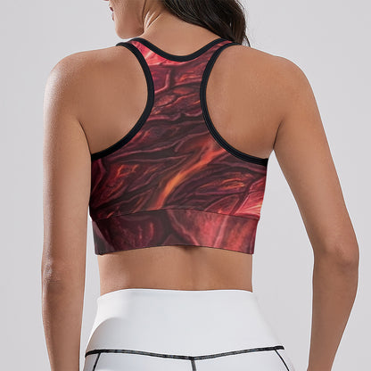 Cropped yoga tank top back with racerback straps, red abstract all-over print