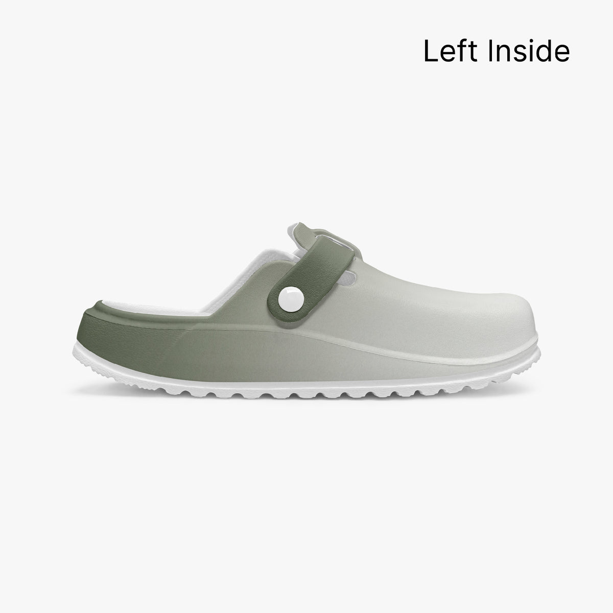Single EVA clog showing inside arch detail with round green strap accent