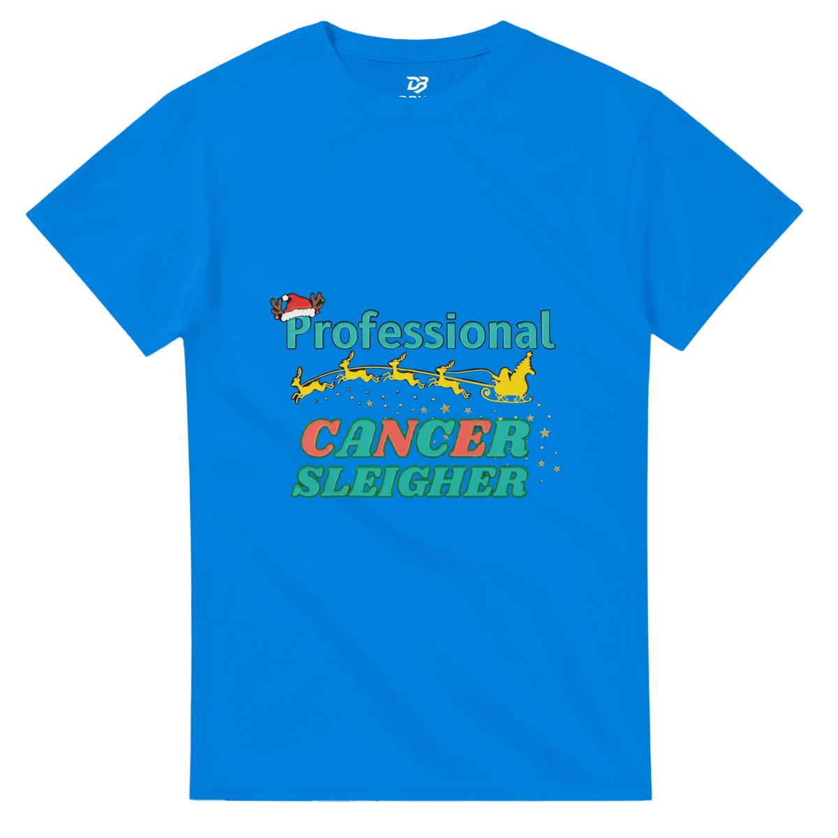 Royal blue crew-neck T-shirt with colorful holiday 'Cancer Sleigher' graphic