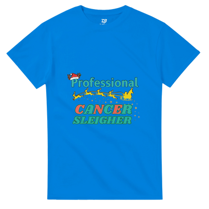 Royal blue crew-neck T-shirt with colorful holiday 'Cancer Sleigher' graphic