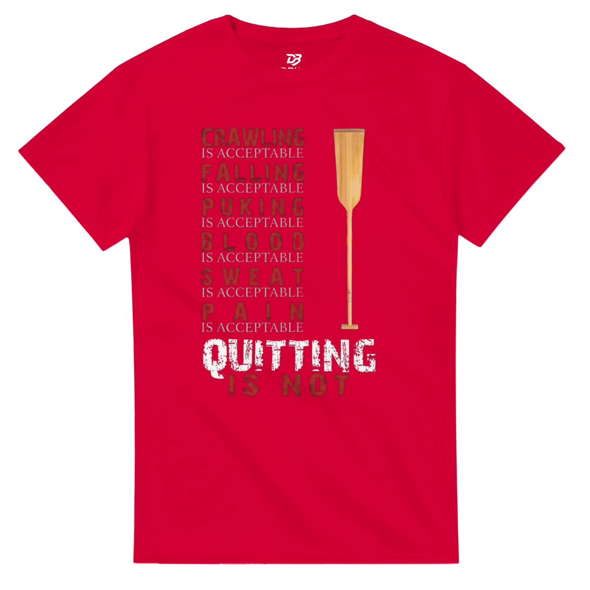 Red unisex graphic tee with “Quitting is not” text and trophy icon