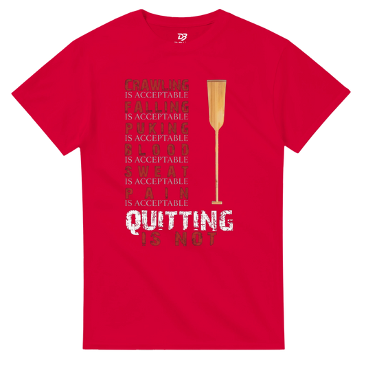 Red unisex graphic tee with “Quitting is not” text and trophy icon