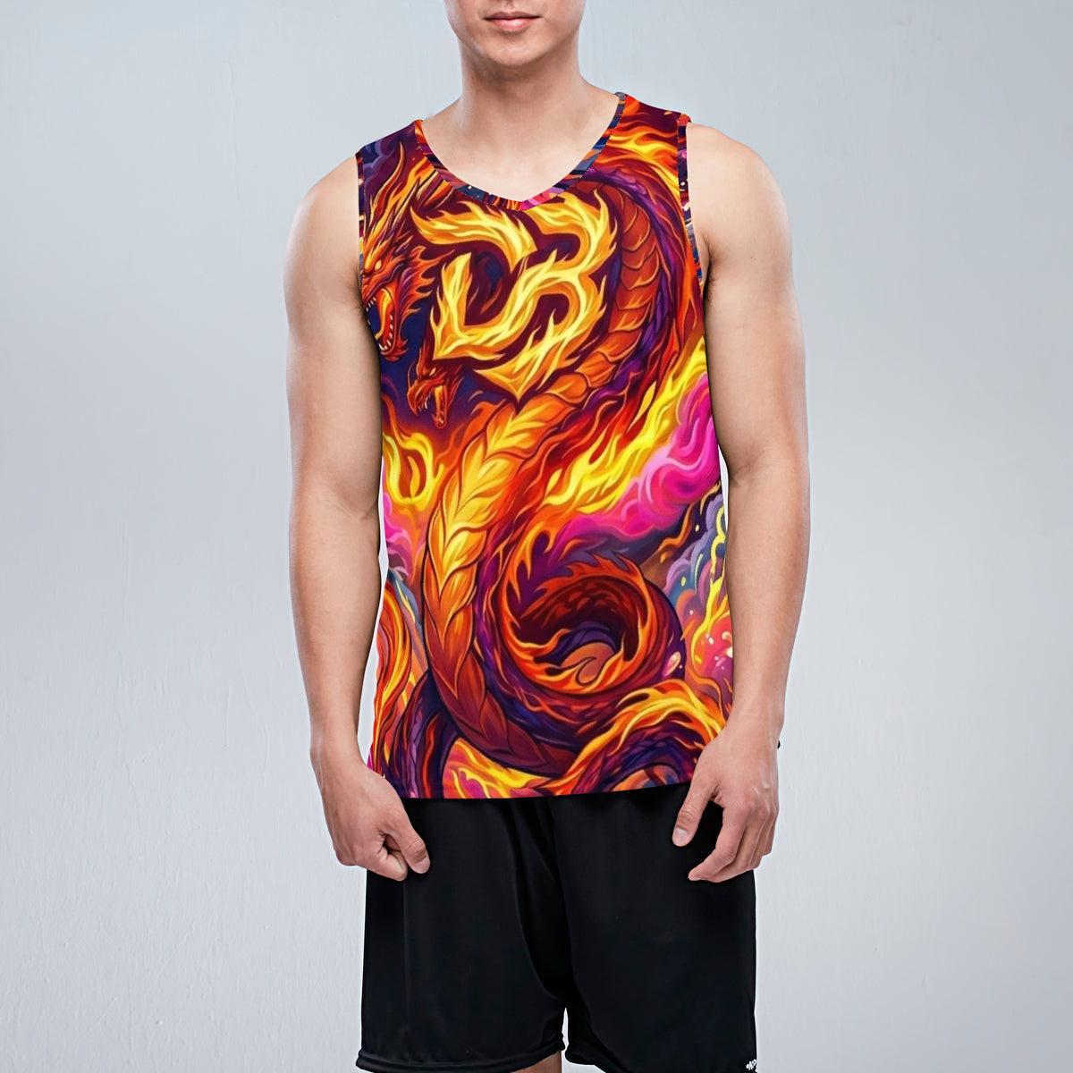 Sleeveless sports vest with V-neck and fiery dragon all-over print, worn with black shorts