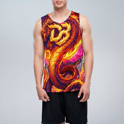 Sleeveless sports vest with V-neck and fiery dragon all-over print, worn with black shorts