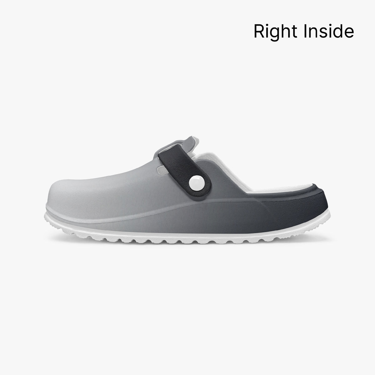 Grey clog inside profile with black strap and circular rivet detail
