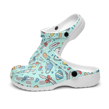 Light blue slip-on clog with colorful cartoon medical print and black ventilation holes