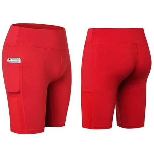 Red women’s yoga shorts with phone pocket, stretch fit, mid-thigh length