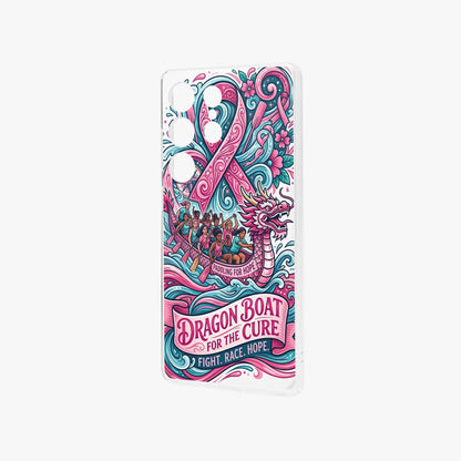 Samsung Galaxy S25 phone case with dragon boat for the cure artwork in pink and teal.