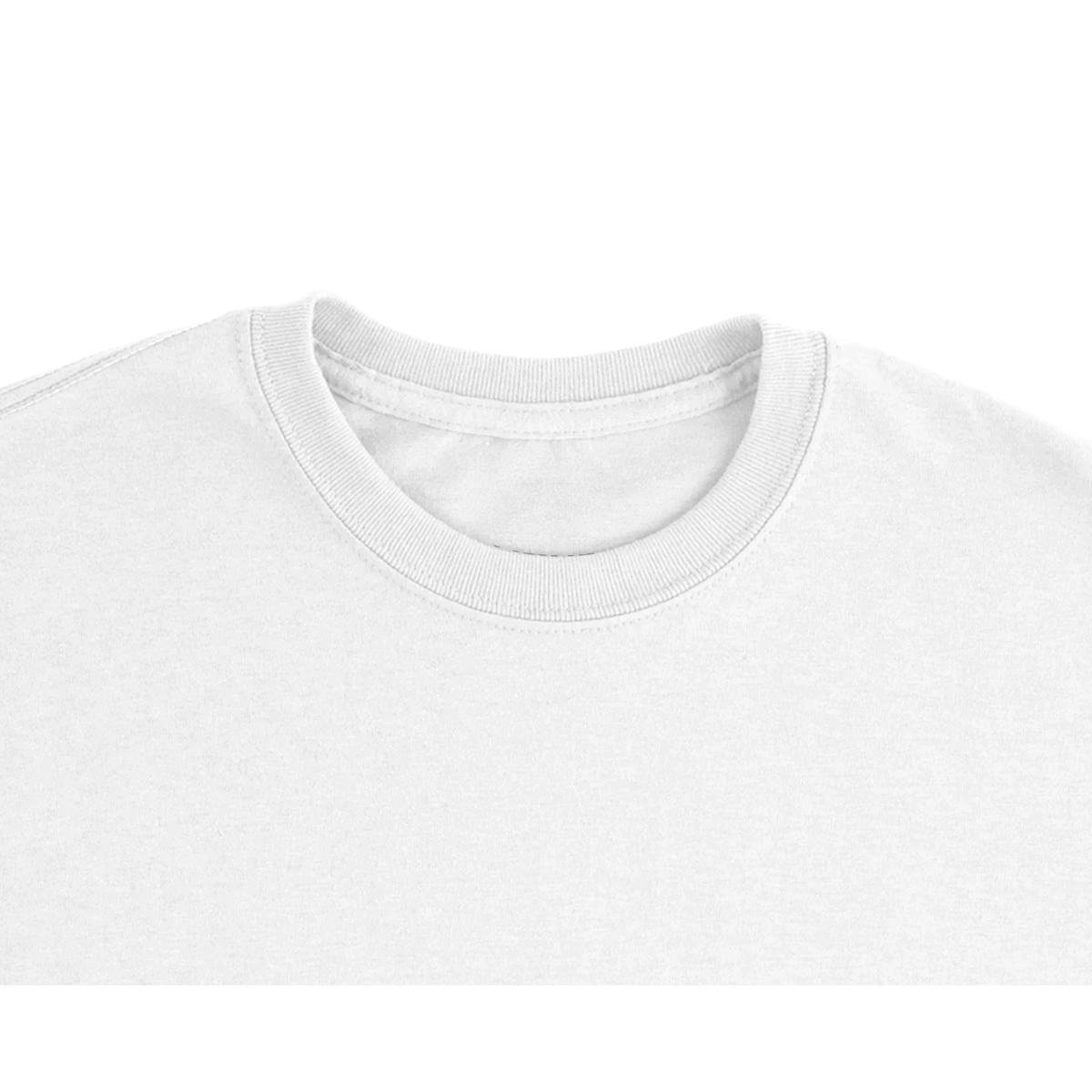 Close-up of a white t-shirt neckline showing the brand label