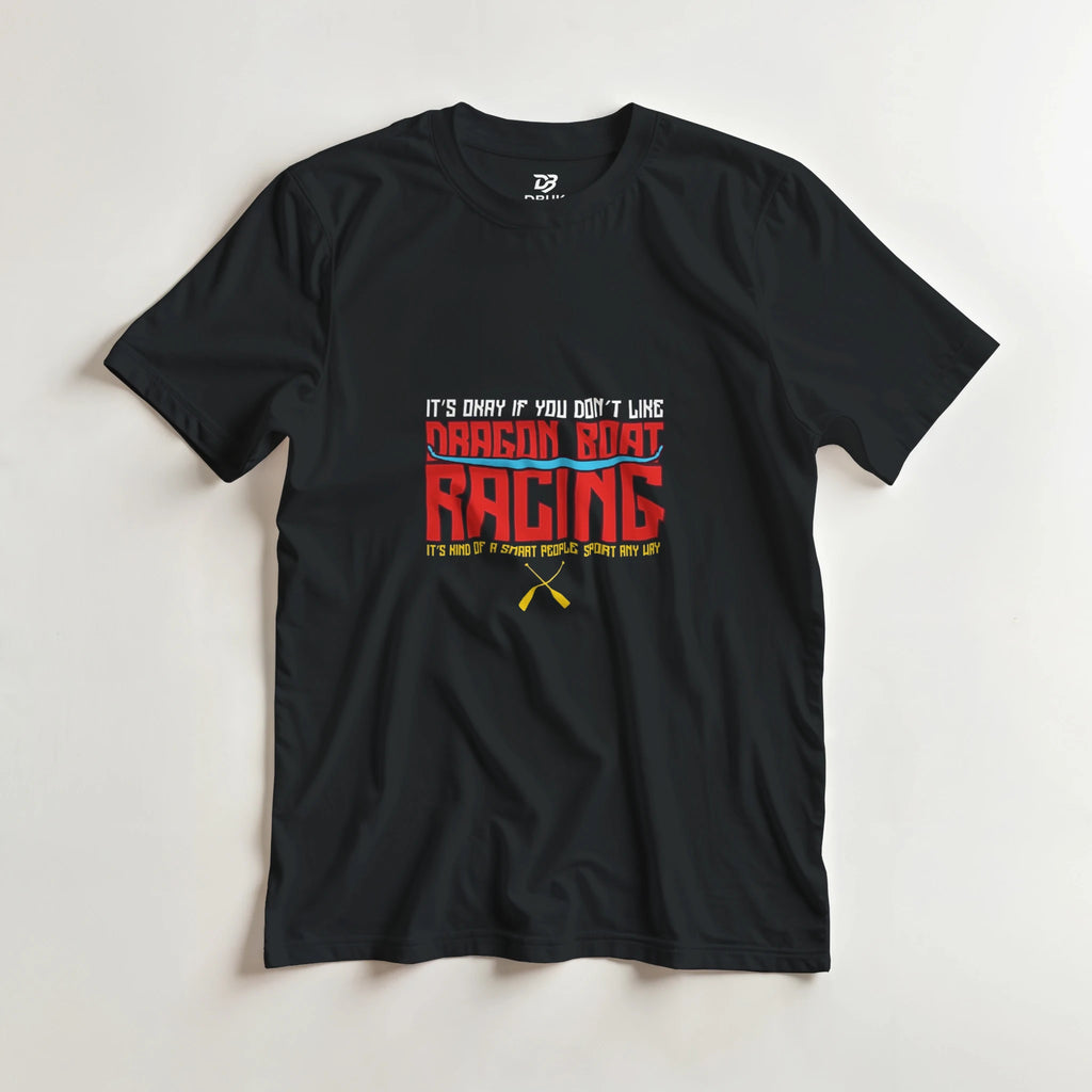 Black unisex t-shirt with dragon boat racing logo and text graphic on the front