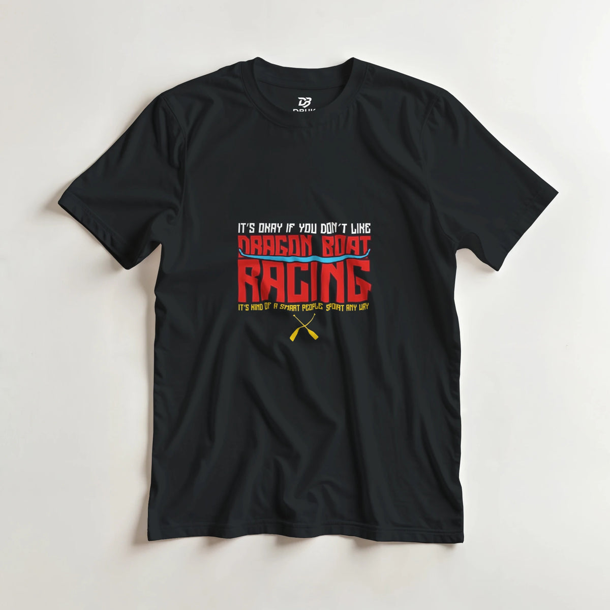 Black unisex t-shirt with dragon boat racing logo and text graphic on the front