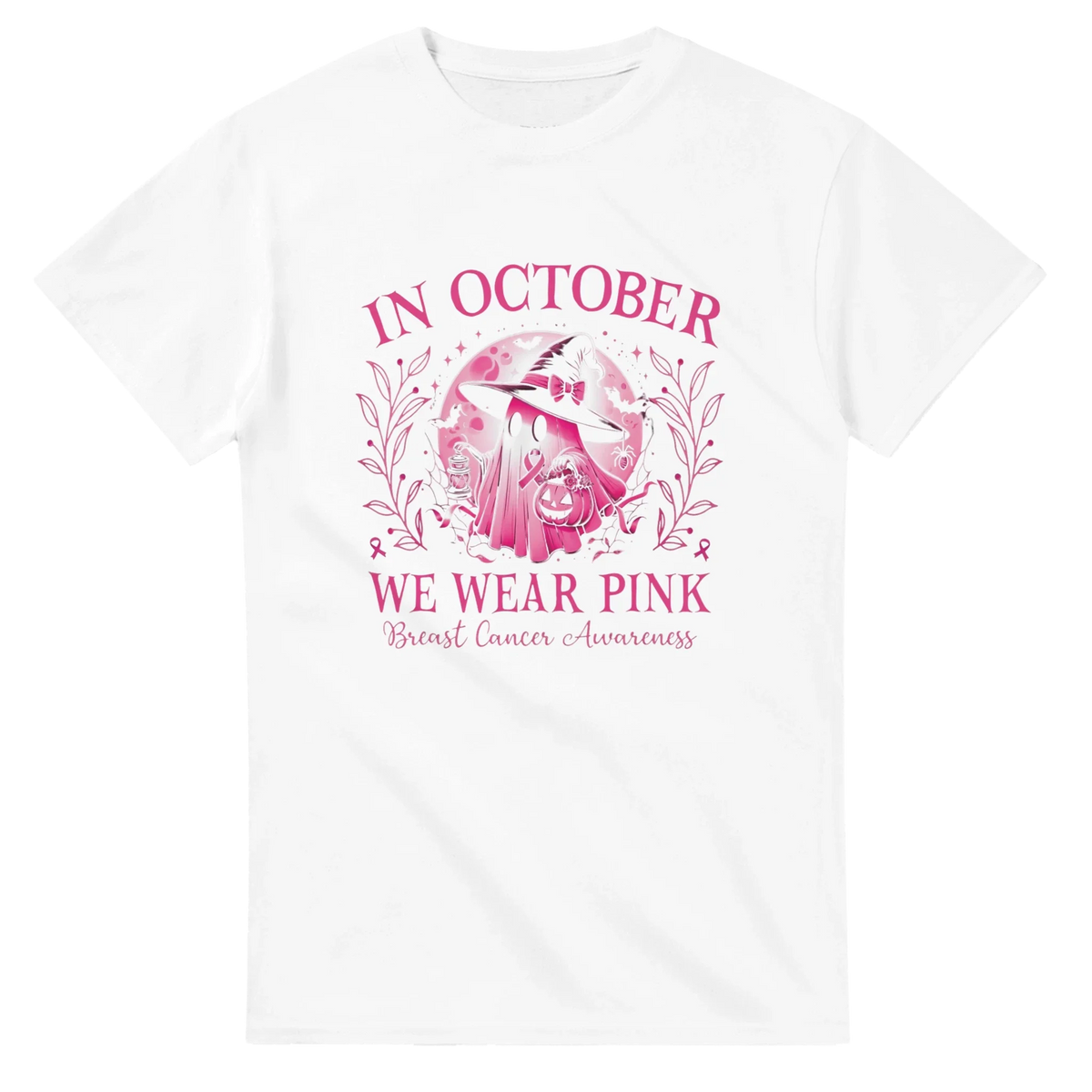 White unisex t-shirt with pink 'In October We Wear Pink' breast cancer graphic