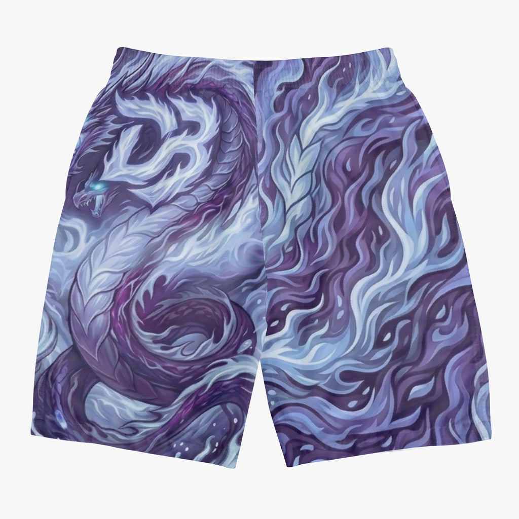 Board shorts with blue-and-purple dragon swirl all-over print design