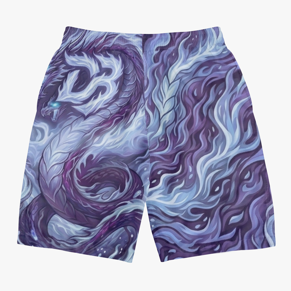 Board shorts with blue-and-purple dragon swirl all-over print design
