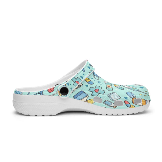 Light blue open-back clog with cartoon medical pattern and cushioned white outsole