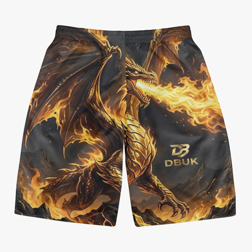 Black and gold dragon all-over print board shorts, elastic waistband