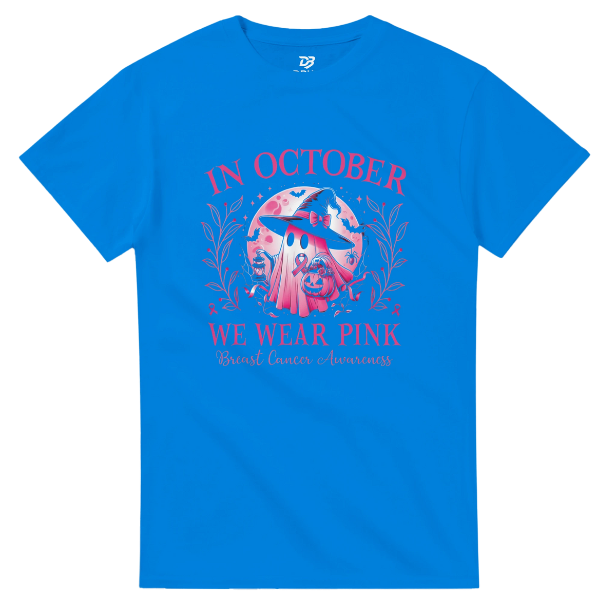 Royal blue crewneck unisex T-shirt with pink awareness graphic and floral wreath front