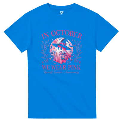 Royal blue crewneck unisex T-shirt with pink awareness graphic and floral wreath front
