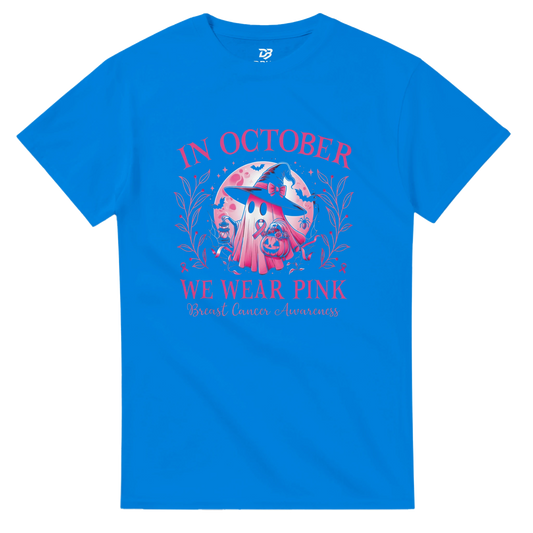 Royal blue crewneck unisex T-shirt with pink awareness graphic and floral wreath front