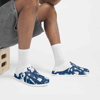 Dental print clogs worn with socks, blue EVA slip-ons with dental-themed cartoon pattern.