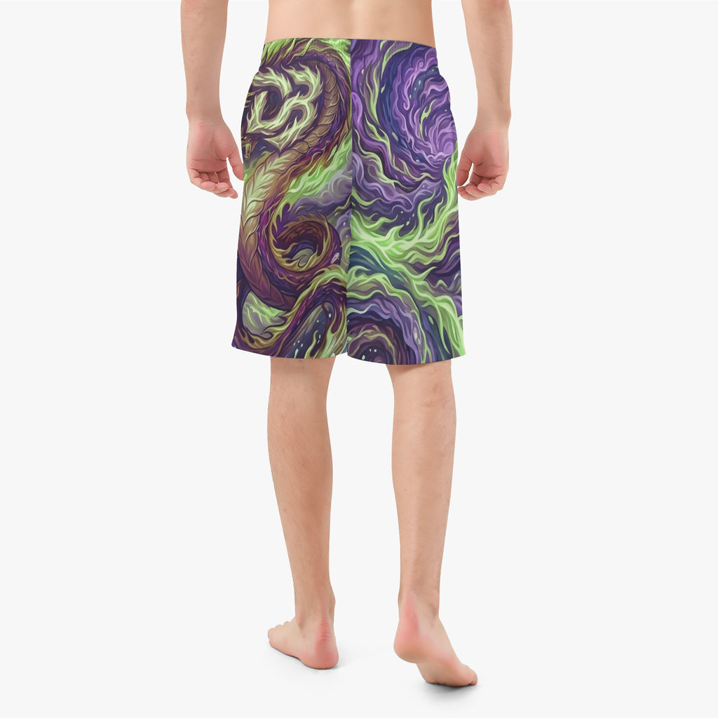 Board shorts with dragon AOP all-over print in purple and lime green, straight cut.