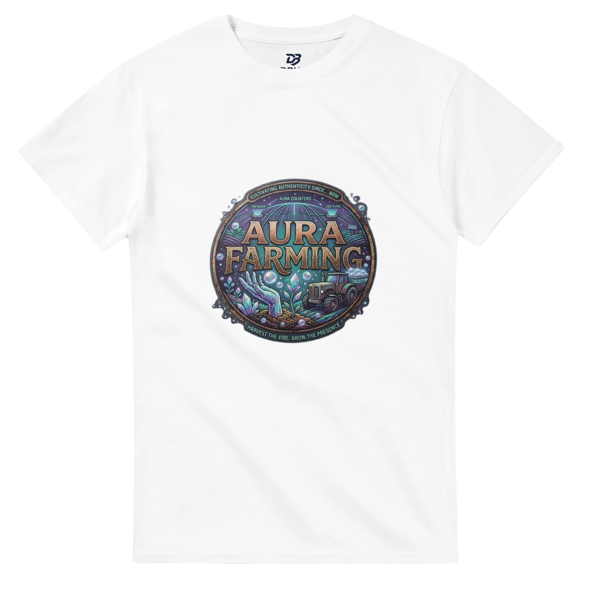 White crewneck t-shirt with circular printed emblem on the chest