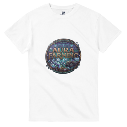 White crewneck t-shirt with circular printed emblem on the chest