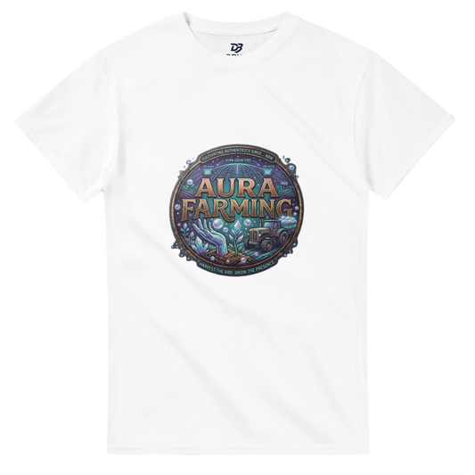 White crewneck t-shirt with circular printed emblem on the chest