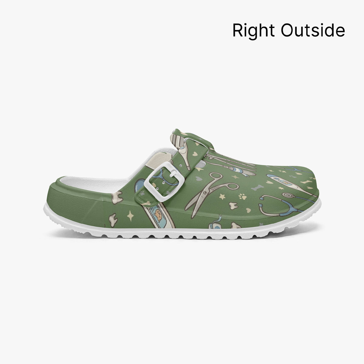 Green EVA clog with veterinary tool print, buckle strap, textured tread sole